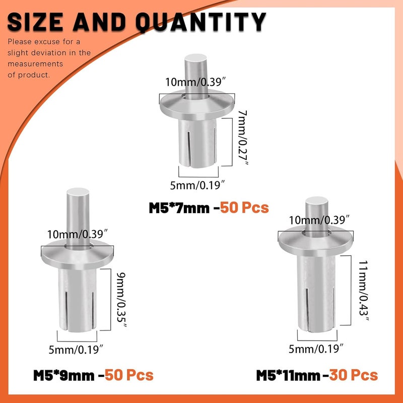 Tanstic 130Pcs 3 Sizes Half Round Head Aluminum Core Rivet Drive Rivets Hammer Drive Rivets Knock Type Expansion Aluminum Rivet for Home Industry (M5x7,M5x9,M5x11mm) - Image 2